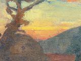 an oil painting of a sunset over a mountain with a tree