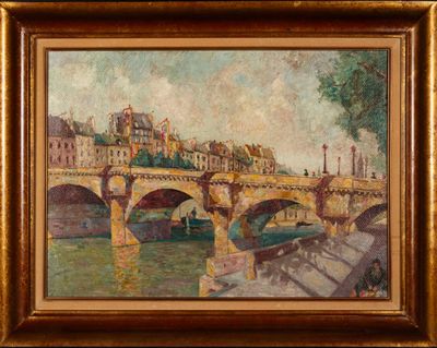 une peinture à l'huile représentant un pont sur une rivière avec un bâtiment à l'arrière-plan