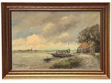 an oil painting of a boat on a river with a house in the background