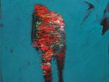 a painting of a person standing next to a bird on a blue background