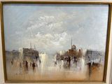 a painting of a cityscape with people walking in the rain