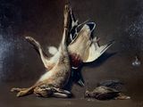 un tableau représentant un oiseau mort et un oiseau mort gisant au sol