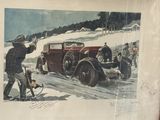 a picture of a painting of a man and a car in the snow