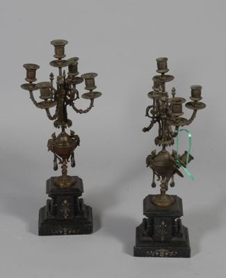 pair of antique brass candelabs on marble bases
