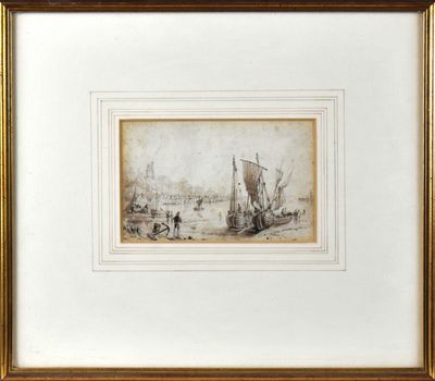 un tableau représentant un bateau sur l'eau, avec un homme à bord en arrière-plan
