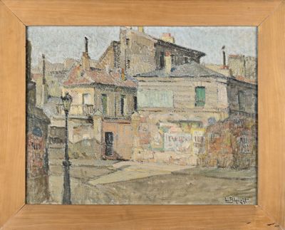 l'image d'une peinture représentant une scène de rue avec un bâtiment en arrière-plan
