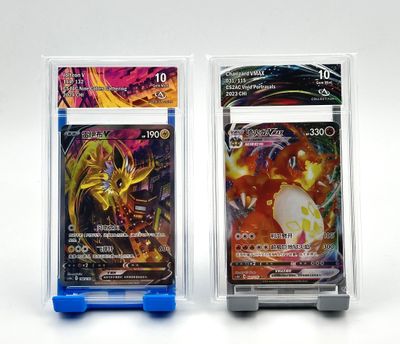 deux cartes pokemon dans un étui en plastique sur une surface blanche