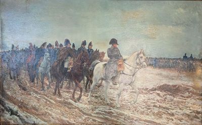 un tableau représentant un groupe d'hommes à cheval dans la neige