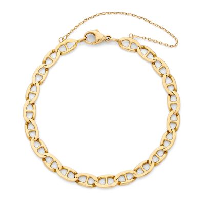 un bracelet en chaîne dorée avec un maillon en forme de cœur sur fond blanc