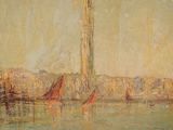 a painting of a clock tower in the middle of the water