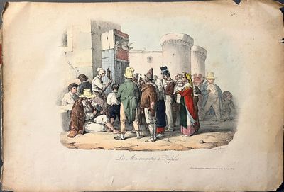 an old picture of a group of people standing around a building