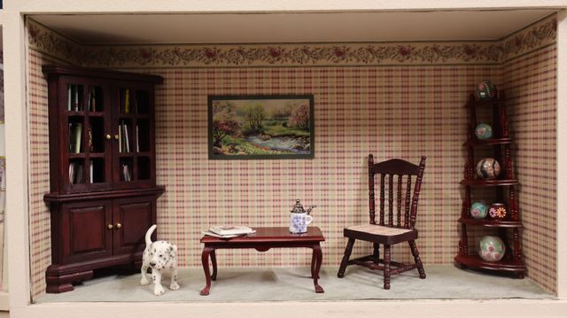 Diorama. Composition miniature, dans une vitrine en bois, vitre e...