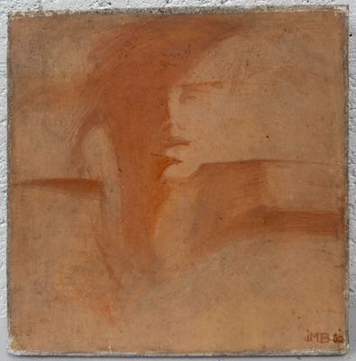 une image représentant une peinture du visage d'une femme sur un morceau de bois
