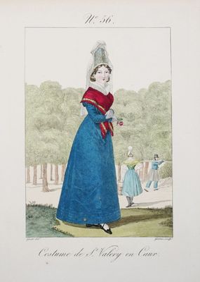dessin représentant une femme en robe bleue avec une ceinture rouge