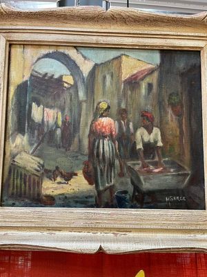 SERGE H. HST "PERSONNAGES PRES D'UN LAVOIR" 38x46
