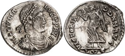 a silver coin with an image of a woman and a man on it
