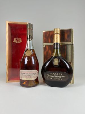 Deux bouteilles de brandy sont posées l'une à côté de l'autre sur une table.
