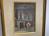 framed print of a painting of a church with a man kneeling in front of a fire place