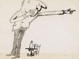 dessin représentant un homme avec une guitare et une chaise devant un dessin représentant un homme avec une guitare