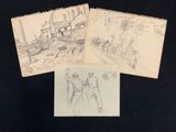 three drawings of people walking down a street in front of a building