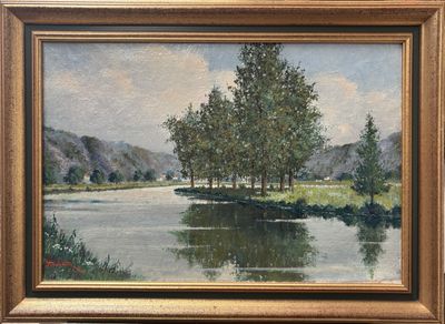 an oil painting of a river scene with trees in the foreground
