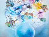 un tableau représentant un vase bleu contenant des fleurs