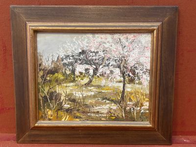 peinture à l'huile d'un pommier en fleurs sur fond rouge