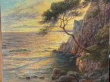 a painting of a tree on a cliff by the ocean