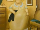 tableau représentant une femme en robe jaune avec un nœud bleu