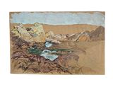a picture of a painting of a river in the desert
