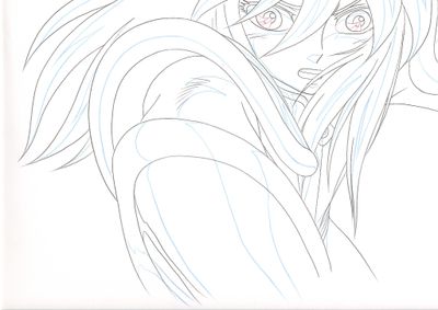 anime drawing of a girl with long hair and pink eyes