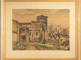 an image of a painting of an old building with a clock tower