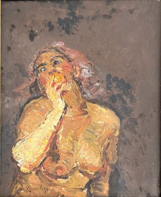 an oil painting of a woman holding her hand to her face
