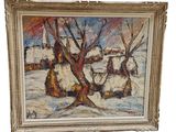 an oil painting of a village in the snow