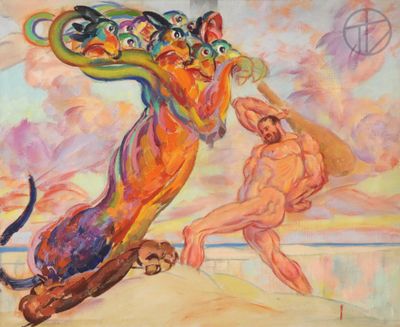 painting of a man and a dog playing with each other on a beach