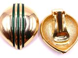 two gold and green pins with a green stripe on a white background