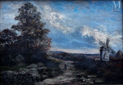 painting of a landscape with a windmill in the distance and a person walking in the foreground