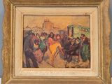 painting of a group of people on a city street with a horse