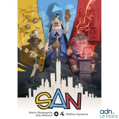 une affiche représentant un personnage de dessin animé avec une ville en arrière-plan