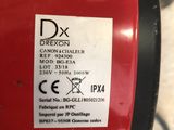 a label on the back of a red motorcycle