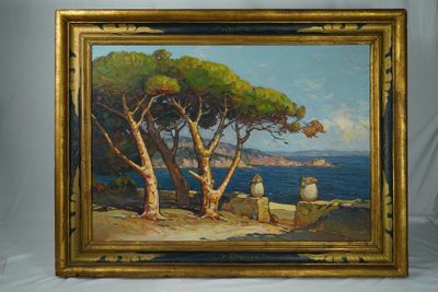 une peinture à l'huile représentant deux personnes assises sous un arbre au bord de l'eau