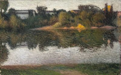 une peinture d'un paysage avec une rivière au premier plan