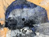 a painting of a black and white dog with a blue hat