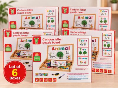 four boxes of children ' s wooden puzzles with animals and letters on them