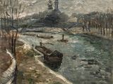 a painting of boats on a river with a castle in the background