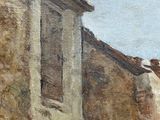 an oil painting of a building with a clock on the top of it