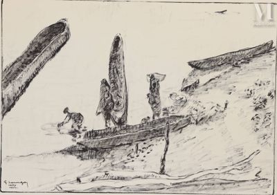 dessin représentant un groupe de personnes debout sur un pont, avec une planche de surf