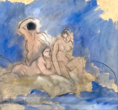 an image of a painting of three nudes sitting on a cloud