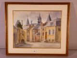 framed watercolor painting of a street scene with buildings and a clock tower