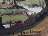 an oil painting of a river running through a forest filled with trees